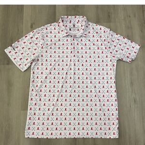 Coby Stevens Mens XL Performance Golf Polo Shirt White Red Golf Club Print UPF50